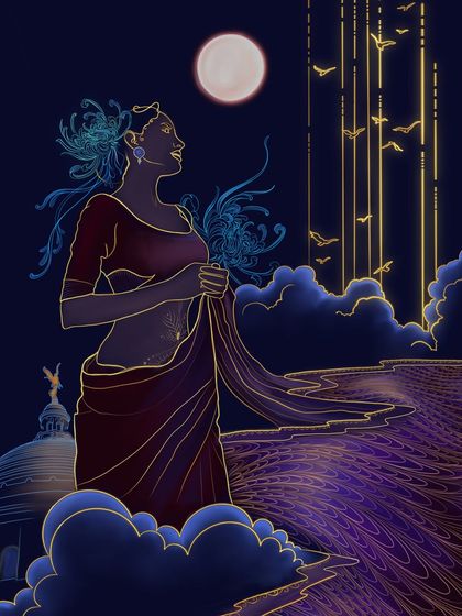 A variation of my twilight digital piece, with a warmer, maroon tone in the saree, showing how color can change the mood of an illustration.