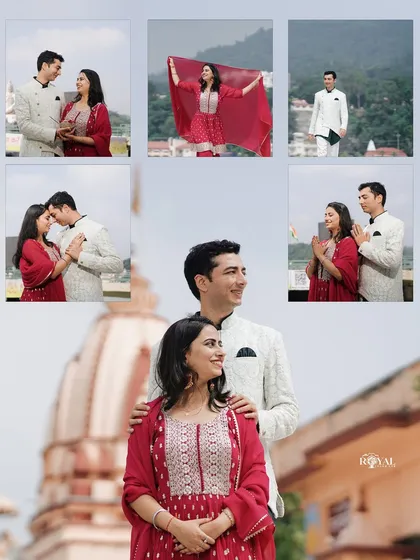 A collage capturing the grace and charm of a couple in traditional red and white outfits, posing against an architectural backdrop.