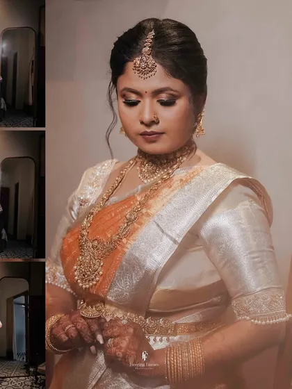 A multi-panel image showcasing the new mother getting ready for the naming ceremony. The main portrait is a stunning close-up, highlighting her traditional jewelry and serene expression.