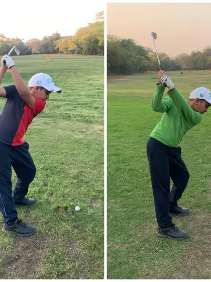 A still image comparing the top of the backswing, showing a more connected and powerful position in the "after" swing.