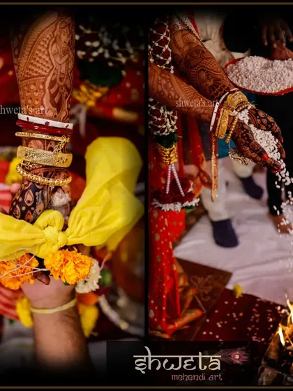 A beautiful shot of a Bengali wedding ritual, enhanced by the bride's dark mehendi stain. My natural henna ensures a rich color that looks stunning in wedding photos.