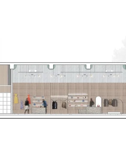 An architectural section drawing of the GRASSROOT retail store. This technical view cuts through the building to show vertical relationships, ceiling heights, and the integration of lighting and display fixtures.