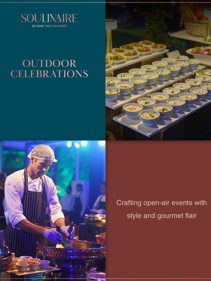 A collage highlighting our expertise in crafting open-air events with style and gourmet flair, showing both our food displays and chefs in action.