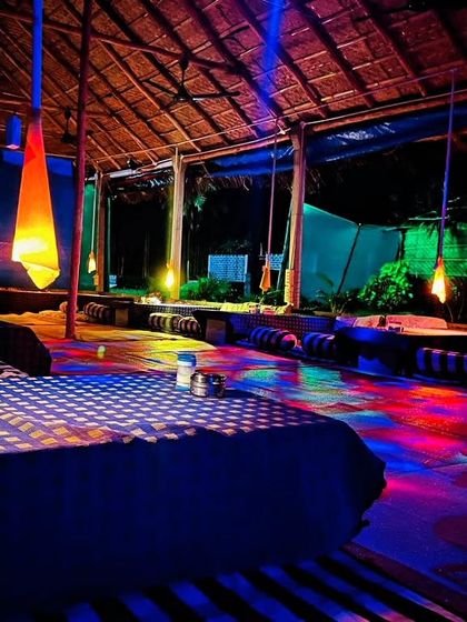 The chill-out zone at our resort. Evenings are for relaxing, sharing food, and connecting with fellow climbers in a cozy, colorful setting.