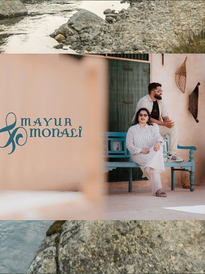 A stylish pre-wedding portrait of a couple sitting on a blue bench, with a graphic overlay of their names.