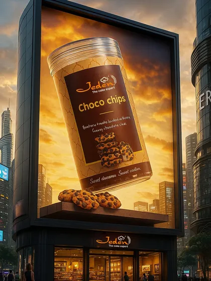 We dream of a world where our Choco Chip cookies are larger than life. This image brings that dream to reality, showcasing our signature jar of sweet, decadent cookies on a city billboard.