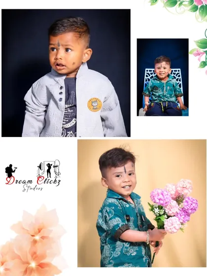 This collage shows different outfits and poses from a young boy's studio session. I work to capture their natural smiles and personality, whether they are posing with flowers or just being themselves.