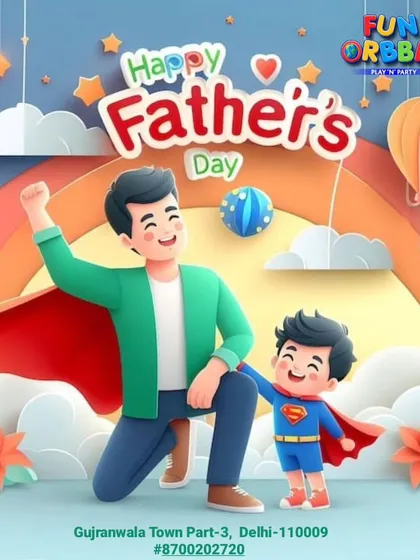 A "Happy Father's Day" graphic illustrating the superhero theme of our event, where we celebrate dads as their child's first hero.