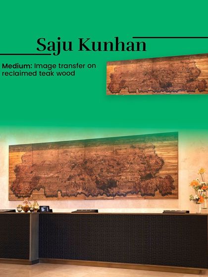 An image transfer on reclaimed teak wood by Saju Kunhan, installed at the reception of the Four Seasons Hotel.