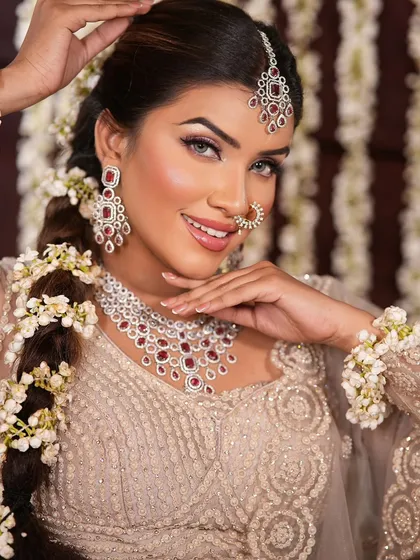 A smiling bride showcasing her final look. The makeup features a flawless base, defined eyes, and a beautiful smile, complemented by floral hair accessories.