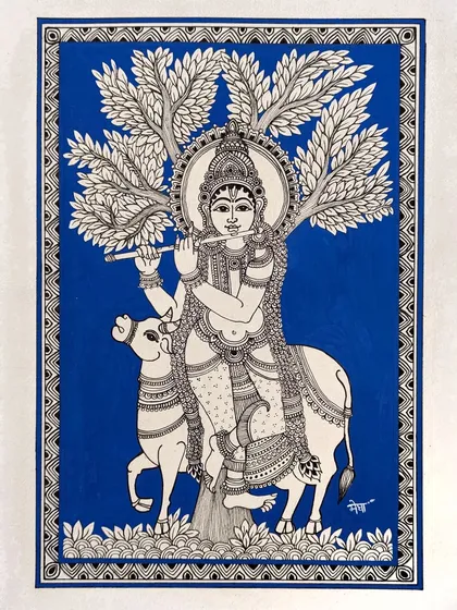 "ಕೃಷ್ಣಂ ವಂದೇ ಜಗದ್ಗುರುಮ್". This is a traditional Kalamkari ink drawing of Lord Krishna, set against a bold blue background. The intricate line work and classic composition are central to my exploration of Indian heritage and spiritual art.