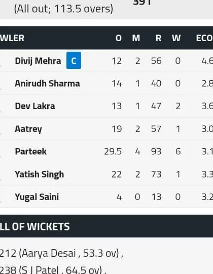 The bowling scorecard from the first innings, where Parteek took a marvelous 6-wicket haul to lead the team's comeback.