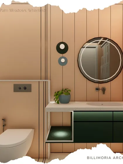 This powder room features soft peach-colored walls and a dark green vanity. The round backlit mirror and simple fixtures create a clean, contemporary look with a pleasant color contrast.