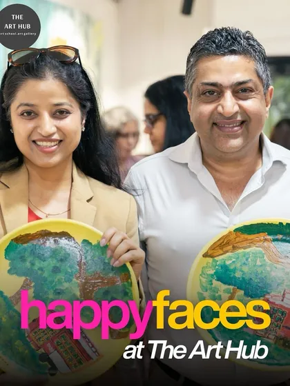 Art is a wonderful activity to share. This couple is proudly displaying the matching landscape plates they painted during one of my weekend workshops, showcasing their happy faces and creative work.