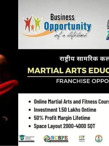 This graphic presents our Martial Arts Education Franchise as a lifetime business opportunity. It details the investment, profit margin, and space requirements, along with the core offering of online martial arts and fitness courses.