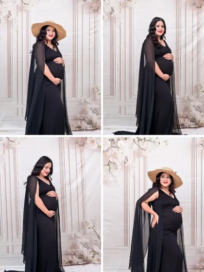 A quad of stylish solo portraits. The mom-to-be wears a sophisticated black gown with a sheer cape, accessorized with a headband or a straw hat for different modern looks.