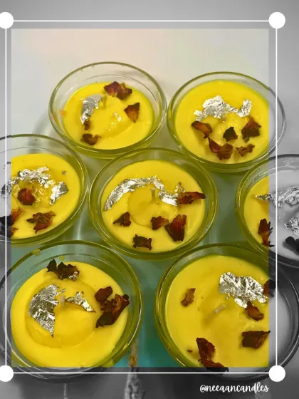 These Kesar Peda inspired candles look so delicate and smell divine. We craft them in beautiful glass bowls and finish them with silver vark and dried petals for an elegant, festive look.