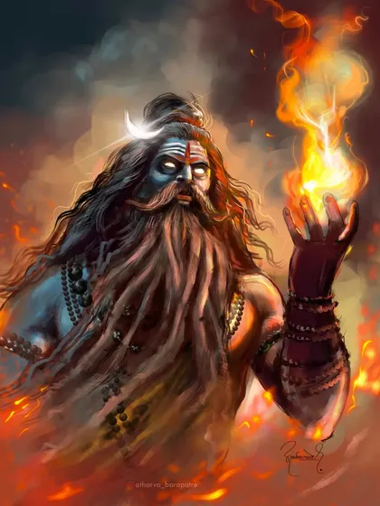 An artwork of Rudra, the fierce form of Shiva, holding a ball of fire. The intense colors and his powerful expression capture the untamable energy of the Aghori spirit.