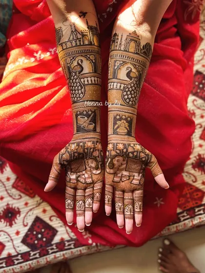 This custom design tells a story of travel and love, with airplanes, cityscapes, and traditional motifs like peacocks and elephants.