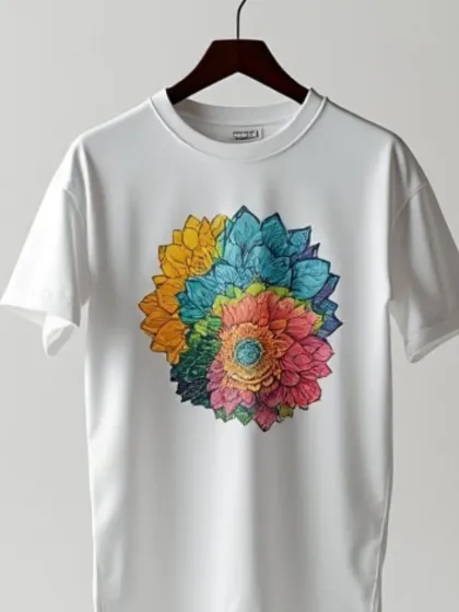 A white t-shirt featuring a colorful floral graphic, shot on a hanger to display the print clearly. This is a classic "ghost mannequin" alternative.
