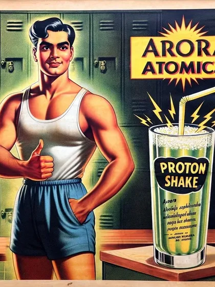 An ad for a 'Proton Shake' from Arora Atomics. This series explores how atomic age branding could be applied to all sorts of consumer products, like health supplements.