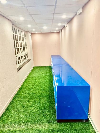This long room was fitted with our artificial turf to create a unique indoor recreational or display area. The green floor contrasts sharply with the plain walls, making a bold statement.