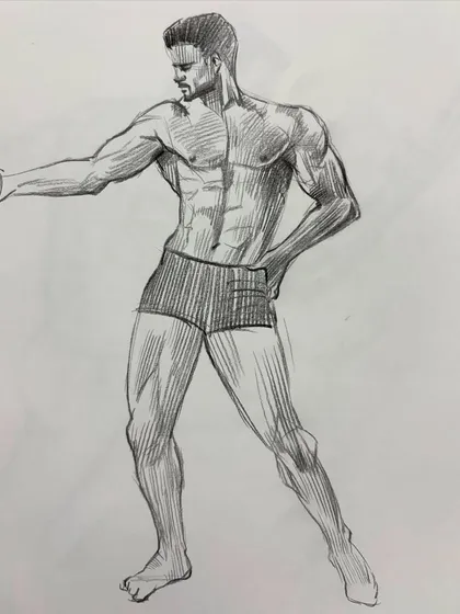 A figure drawing study focusing on male anatomy and musculature. These quick sketches are essential practice for understanding the human form in various poses.