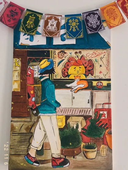 A closer view of the Japanese-style illustrative painting, showing the details of the character, the shop, and the cat.