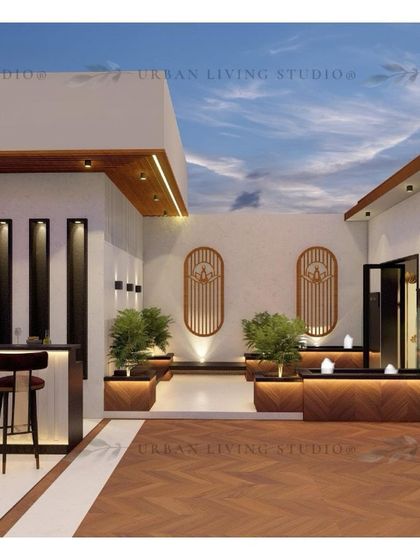 This render shows the proposed bar area for the Gurgaon terrace, featuring sleek bar stools and decorative wall panels that add a touch of artistic flair.