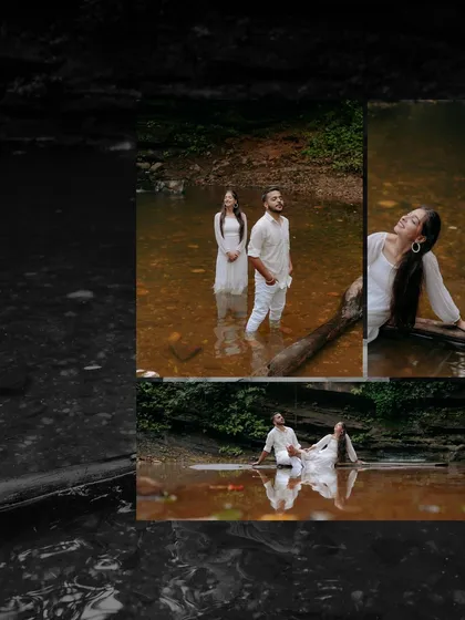 An artistic and moody collage from a shoot in a natural stream. The dark, creative framing draws attention to the couple's serene and romantic poses in the water.