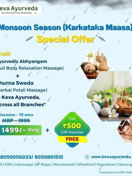 During the monsoon season, or Karkataka Maasa, we offer a special package. It includes a full-body Abhyangam massage and a Churna Sweda herbal potali massage to keep you balanced and healthy.
