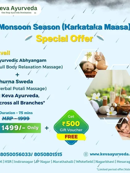 Embrace monsoon wellness with our special offer. This package includes a full-body Ayurvedic Abhyangam massage combined with a Churna Sweda herbal potali massage to relieve stiffness and rejuvenate your body during the Karkataka Maasa.