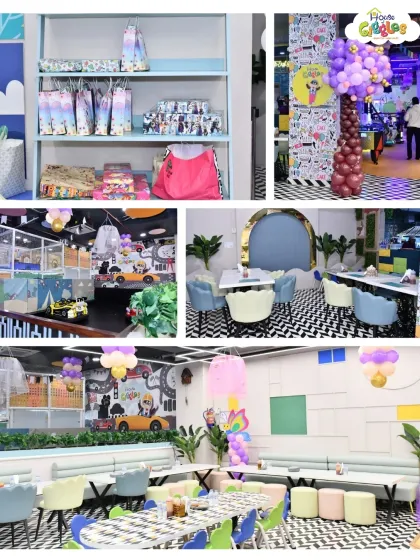 Step into a magical fairyland! This collage shows off our beautiful party decor and spacious cafe area, set up for a whimsical and enchanting birthday celebration.
