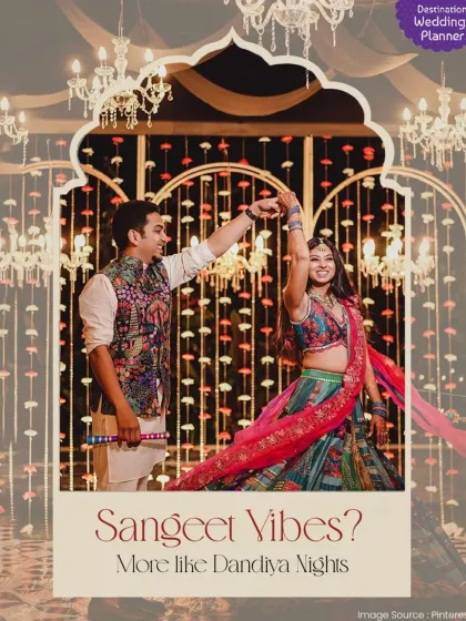 The Sangeet night was all about dandiya. We created a festive backdrop with hanging lights and a traditional arch for the couple's dance performance.