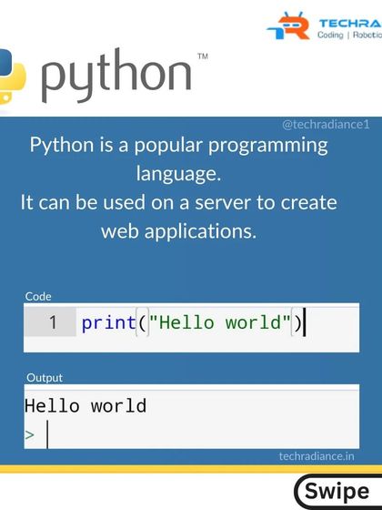 An introductory slide to Python, showing the classic "Hello, World!" program as the first step in learning to code.