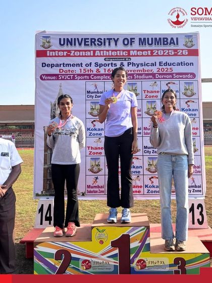 Our female athletes on the podium at the Mumbai University Inter-Zonal Athletics Meet, showcasing their dominance.