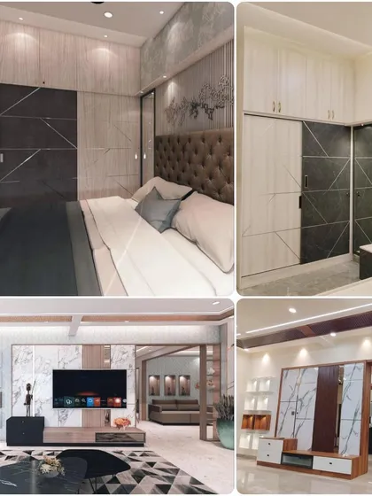 This collage compares our 3D design render with the final on-site execution. It shows our commitment to delivering exactly what we promise, ensuring the finished master bedroom and TV unit match the initial vision perfectly.