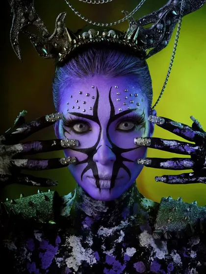 This is a full fantasy character I created for my final exam at SMA Makeup Academy. It involved complete body painting, custom-made props, and detailed facial work to bring this creature to life.