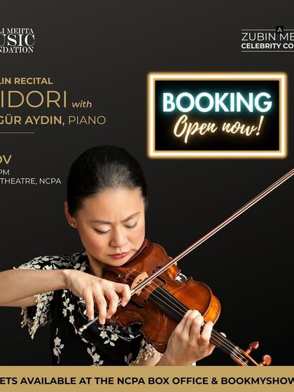 The official "Booking Open" announcement for the violin recital with Midori and Özgür Aydın, inviting Mumbai's music lovers to join us for an unforgettable evening.