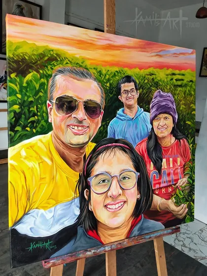 Family selfies make for fantastic paintings. I combined individual expressions into this single, colorful acrylic portrait on a 30x30 inch canvas.