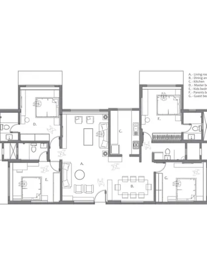 An alternative view of the floor plan, detailing the different zones within the 1675 sq ft apartment.