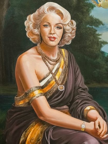 A portrait detail of Marilyn Monroe from the painting, her expression calm and reflective, a stark contrast to her public persona.