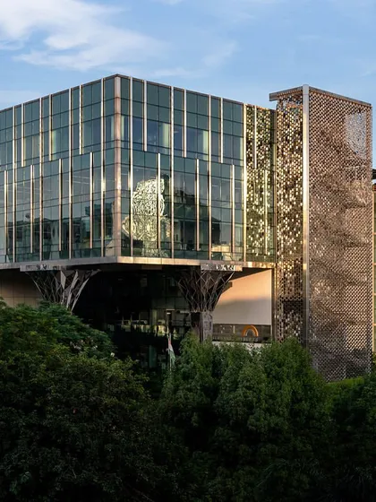 The modern glass façade of the Stainless Steel Office reflects the surrounding trees, integrating the building into its green environment.