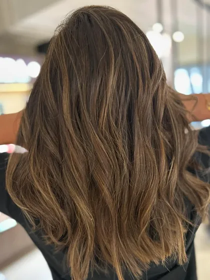 Classic two-tone blended highlights with face-framing layers. This is a timeless look that adds warmth and dimension to the hair.
