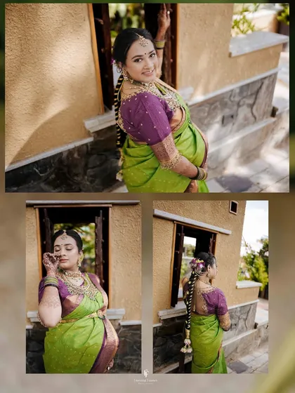 A collage showcasing various poses from an outdoor maternity shoot. It highlights the mother's beautiful traditional braid and joyful expressions from different angles.