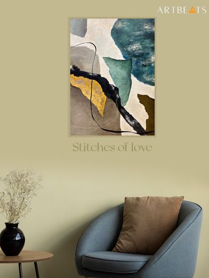 This abstract painting, titled 'Stitches of Love', is imagined in a modern, calming interior. The earthy tones, deep greens, and textured gold leaf are designed to bring a sense of grounded sophistication to a space.