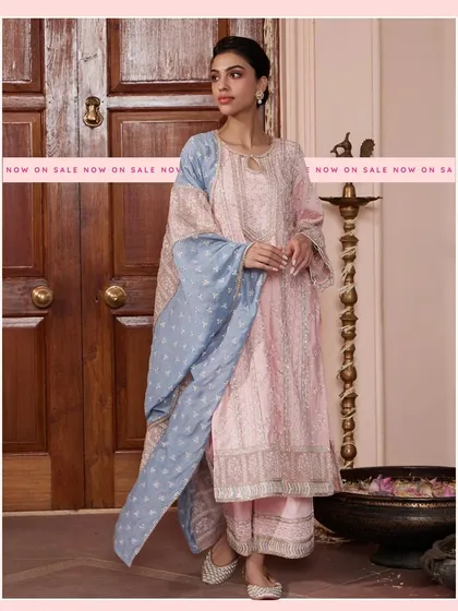 The Briti Pink Kurta Set, as seen on Alia Bhatt. This piece features a beautiful combination of pink and blue, crafted from Pima cotton for a soft, festive feel.