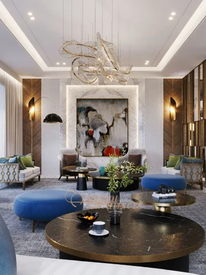 A wider perspective of the colorful living room, showing how different seating arrangements create multiple zones for conversation and relaxation.