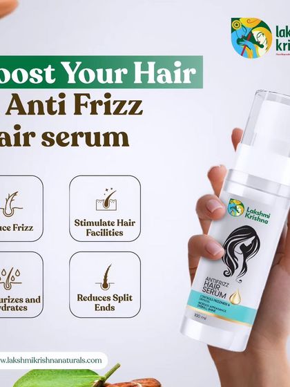 Boost your hair with my Anti-Frizz Hair Serum. This graphic shows how it works to reduce frizz, stimulate hair follicles, moisturize, and reduce split ends for a smooth, polished look.