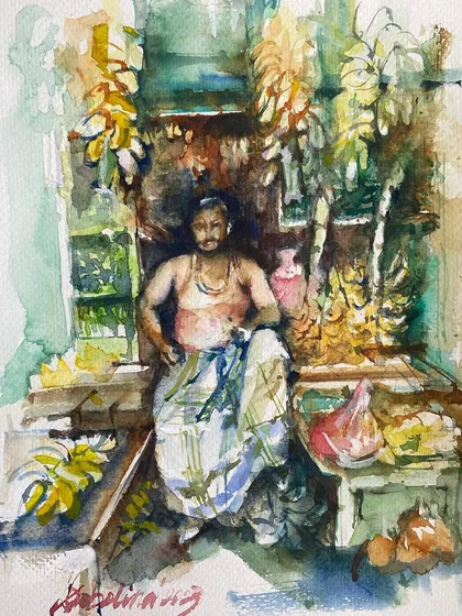 A quick morning sketch of a banana seller in his shop. I try to seize these rare, quiet moments to paint before the day's hustle begins.